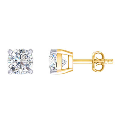 Certified Lab Grown Four Prong Cushion Cut Diamond Stud Earring | 14K Yellow Gold 2 ct. tw.