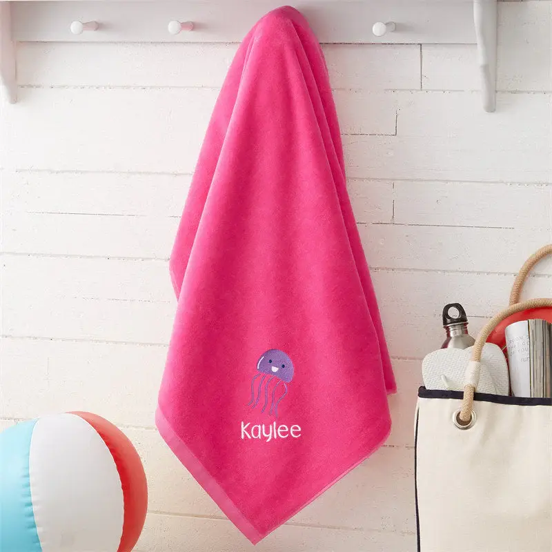 Pink Embroidered Cute Sea Creatures Beach Towel - Aperturee