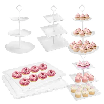 10Pcs White Plastic Dessert Table Stand Set 4Pcs 3-Tier Cupcake Display Stands 6Pcs Dessert Serving Trays Cake Display Tower ...