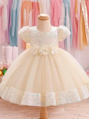 Toddler Girl's Glitter Sequin Decor Puff Sleeve Poof Dress, Cute Princess Dress for Party Wedding Guest, Kids Clothes for A...