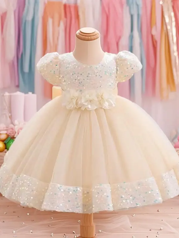 Toddler Girl's Glitter Sequin Decor Puff Sleeve Poof Dress, Cute Princess Dress for Party Wedding Guest, Kids Clothes for A...