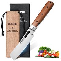Huusk Folding Nakiri Knife with 440C Stainless Steel Blade, Wood Handle, Portable Kitchen Knife for BBQ, Outdoor, Gift Box Co...