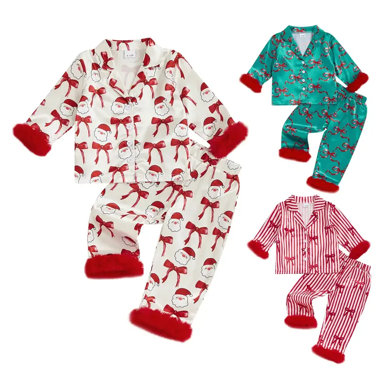 REDWOON Toddler Baby Girl Christmas Fuzzy Pajamas Set Cute Bow Print Button Down Shirt and Pants Holiday Pjs for Kids Loungew...