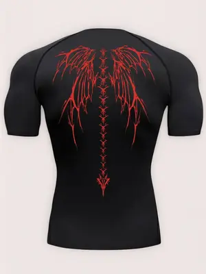 Men's Wing Print Compression Sports Tee, Quick Drying Breathable T-shirt, Mens Gym Clothes, Compression Shirts, Comfy Men's S...