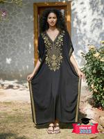 Arabic Clothing-ethnic Pattern Embroidery Batwing Sleeve Split Hem Kaftan Dress, Chic Modesty V Neck Dress for Summer, Women'...