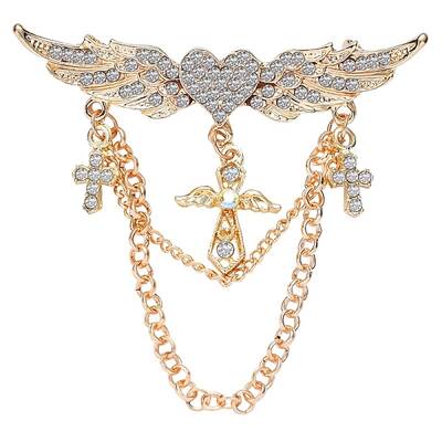 Heart with Angel Wings Alloy Full Crystal Rhinestone Hanging Chain Brooch