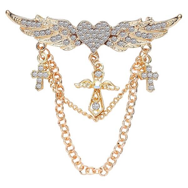 Heart with Angel Wings Alloy Full Crystal Rhinestone Hanging Chain Brooch