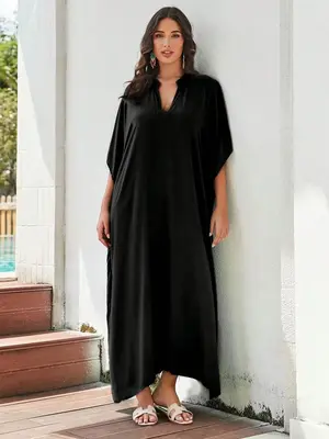 Arabic Clothing-Solid Notched Neck Batwing Sleeve Kaftan, Casual Half Sleeve Long Dress for Daily Outdoor Wear, Islamic Summe...