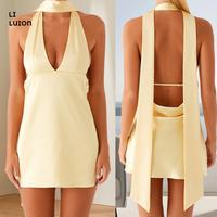 Women's Halter Dress with Collar 2 Piece Set Stylish Solid/Floral Print Deep V Neck Sleeveless Mini A-Line Dress For Party Vo...