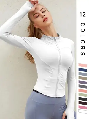 Women's Thumb Holes Solid Zip Up Mock Neck Spring Sports Jacket, Back To School Outfits, Fashion Long Sleeve Sports Outerwear...