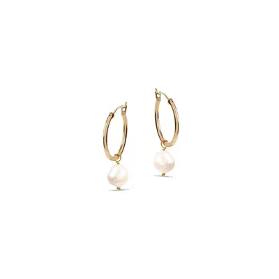 Venus Gold Hoop Earrings With White Pearl Charm | Size: Medium