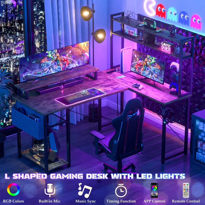 Cyclysio Small L Shaped Gaming Desk with LED Lights & Power Outlets, Reversible L-Shaped Computer Desk with Monitor Stand & S...