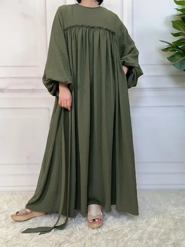 Women's Solid Color Belted Long Sleeve Dress, Casual Round Neck Dress for Fall & Winter, Women's Islamic Clothing for Daily W...