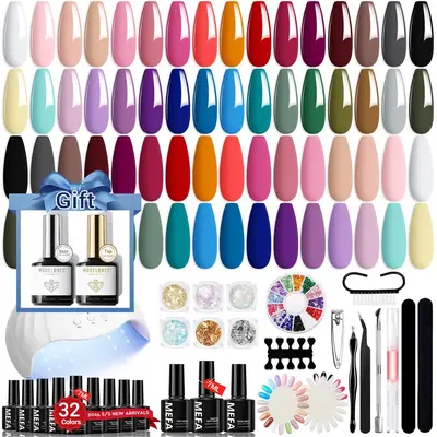 【Crazy Deal】MEFA Gel Nail Polish Kit with U V Light 54 Pcs, 32 Colors Classic Popular Gel Nail Kit Soak Off Nail Polish G...