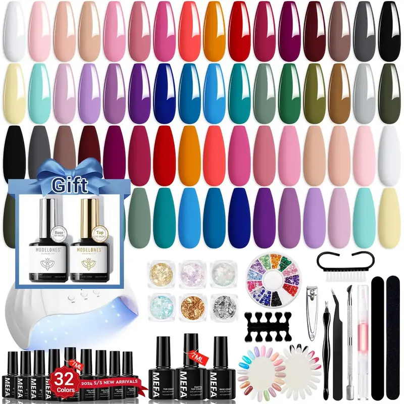 【Crazy Deal】MEFA Gel Nail Polish Kit with U V Light 54 Pcs, 32 Colors Classic Popular Gel Nail Kit Soak Off Nail Polish G...