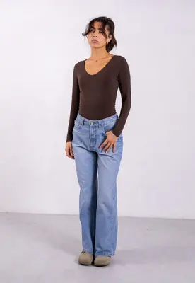 Organic Cotton V-Neck Long Sleeve T-Shirt, Hot Fudge | Size: XXL