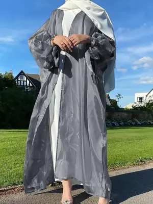 Arabic Clothing-Women's Plain Bishop Sleeve Knot Detail Arabian Dress, Elegant Long Sleeve Open Front Arabian Robe for Daily ...