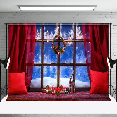 Aperturee Red Curtain Pillow Window Christmas Photo Backdrop - Aperturee