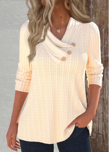Modlily Beige Button Long Sleeve Asymmetrical Neck Sweatshirt - L