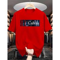Men's 180g Pure Cotton Short Sleeve T-Shirt - Soft Breathable Fabric with Bold 'CALVIN' Graphic Print, Vibrant Red Round Neck...