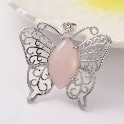 Butterfly Platinum Tone Brass Natural Rose Quartz Pendants