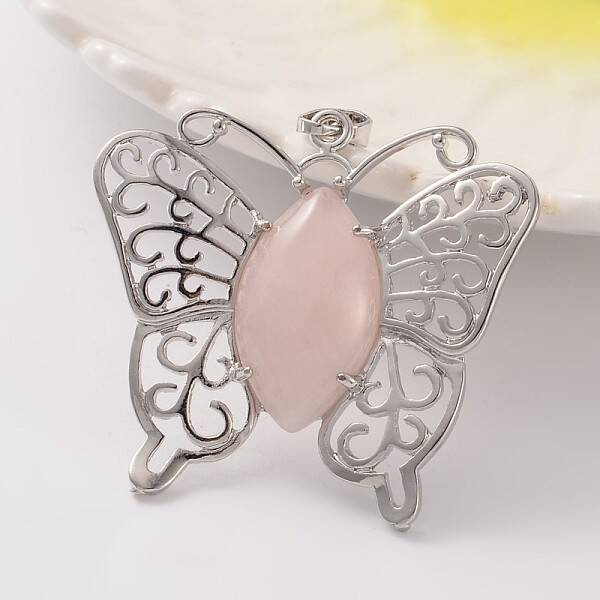 Butterfly Platinum Tone Brass Natural Rose Quartz Pendants