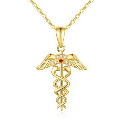 14K Gold Cubic Zirconia Caduceus Pendant Necklace