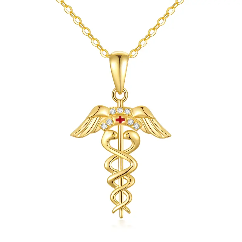 14K Gold Cubic Zirconia Caduceus Pendant Necklace