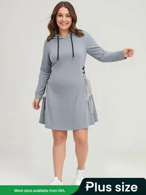 ćPlus Sizeć Solid Drawstring Lace Up Hooded Sweatshirt Dress, Casual Long Sleeve High Waist Hoodie Dress for Fall & Winte...