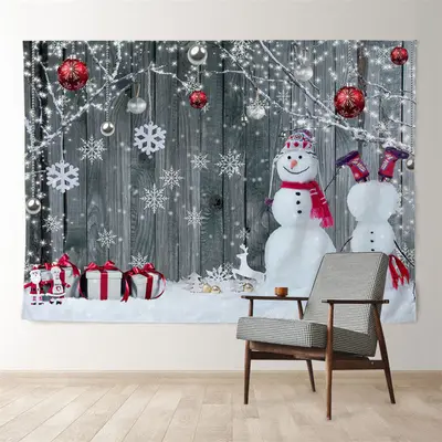 Aperturee Snowman Red Silver Ball Wooden Christmas Backdrop