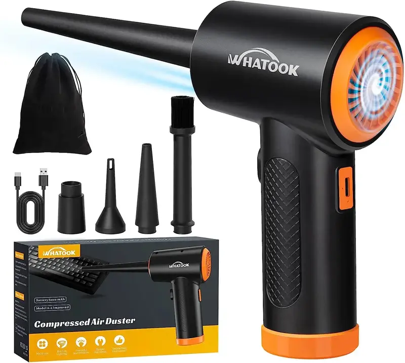 WHATOOK Compressed Air Duster-Reusable Electric Air Duster-3 Speeds 60000 RPM with LED Light