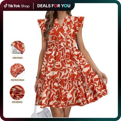 Women's Casual Floral Green Dress 2025 New Spring & Summer Short Sleeve Dress with Pockets Beach Boho Cap Chic Comfy Tra