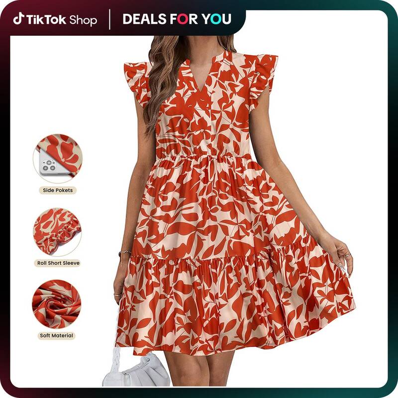 Women's Casual Floral Green Dress 2025 New Spring & Summer Short Sleeve Dress with Pockets Beach Boho Cap Chic Comfy Tra