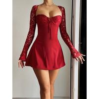 Women Long Sleeve Mini Dress Casual Lace Patchwork Tie up Backless A-Line Party Dress for Cocktail Streetwear  Lady Lace Adul...