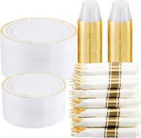 350 Pcs White Gold Disposable Plastic Plates Set Include:50 Dinner Plates,50 Dessert Plates,50 Gold Rim Cups,50 Gold Cutlery,...
