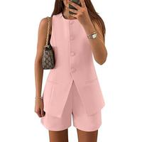 ZESICA Women's 2025 Summer 2 Piece Short Sets Sleeveless Crew Neck Suit Vest Tops High Waist Shorts Business Outfits