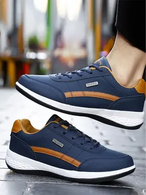 Men's Simple Design Round Toe Lace Up Running Shoes for Summer, Casual Colorblock Breathable Sneakers, Fashionable Patched D...
