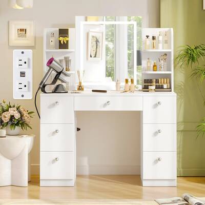 ćAssembly video availablećVOWNER Modern 55 Tall Makeup Vanity Table Set with 3 Color Lighted Mirror 7 Drawers & Outlet