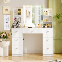 VOWNER Modern 43‘’L Makeup Vanity Table Set with 3 Colors Lighted Mirror & 7 Drawers and Power Strip for Bedroom & Bathro...