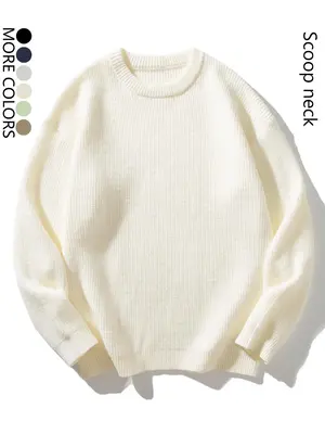 Men's Solid Drop Shoulder Sweater, Loose Casual Long Sleeve Round Neck Jumper for Fall & Winter, Fashion Men's Knitwear for D...