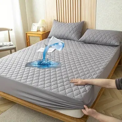 Solid Color Waterproof Plaid Textured Fitted Sheet, 1 Count Spring Soft Simple Bedding Quilted Mattress Cover for Bedroom, Gu...