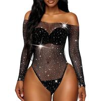 Women Lingerie Fishnet Bodysuit Sparkle Rhinestone Sexy Mesh Teddy Lingerie