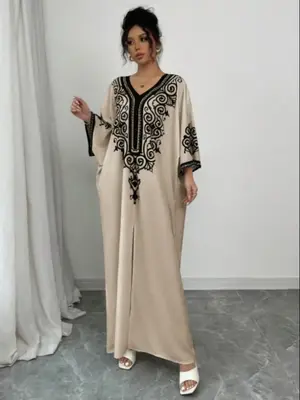 Muslim Women's V Neck Floral Fashion Loose Printed Long Dress, Casual Elegant Modest Clothing for Spring & Fall Seasons