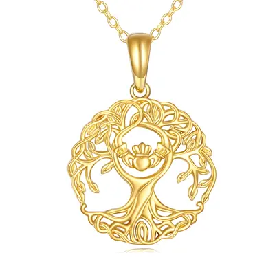 14K Gold Tree Of Life & Claddagh Pendant Necklace