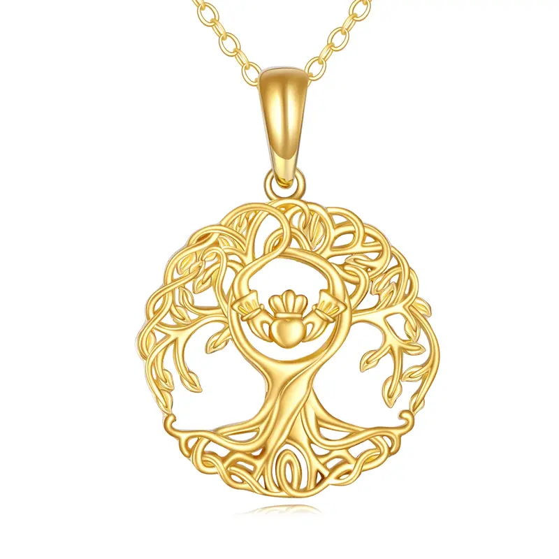 14K Gold Tree Of Life & Claddagh Pendant Necklace
