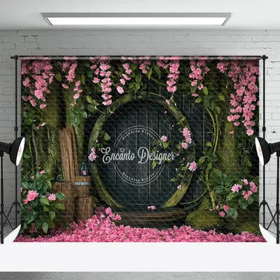 Gray Wooden Door Tree Pink Flowers Photo Backdrop - Aperturee