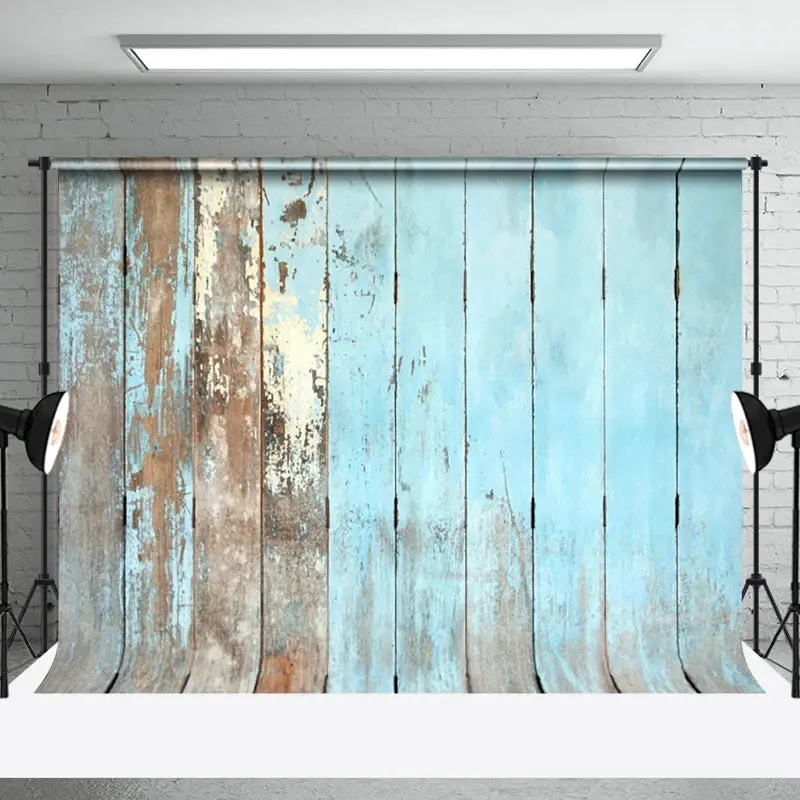 Rustic Blue Faded Retro Wood Wall Photo Backdrop - Aperturee