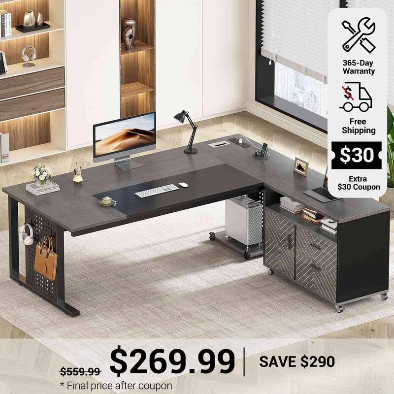 SEDETA ® 71 Inch L Shaped Computer Desk with Rolling File Cabinet Office Executive Desk with Storage Drawers Power Outlets P...