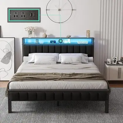 [TikTokShopfalldealsforyou] AMERLIFE Modern Metal Bed Frame, Wood & Faux Leather Headboard with Charging Station & 2-Tier Sto...