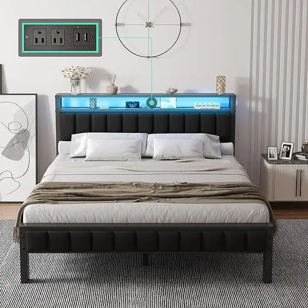 [TikTokShopfalldealsforyou] AMERLIFE Modern Metal Bed Frame, Wood & Faux Leather Headboard with Charging Station & 2-Tier Sto...